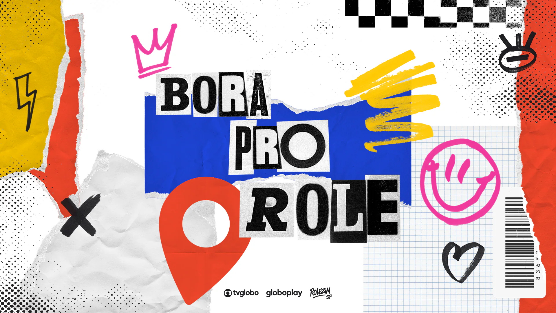Prancha de elementos gráficos do ROLEZIM SP em 1920 por 1080: pin coral, letras recortadas, papéis rasgados, marcadores, retícula, xadrez e código de barras